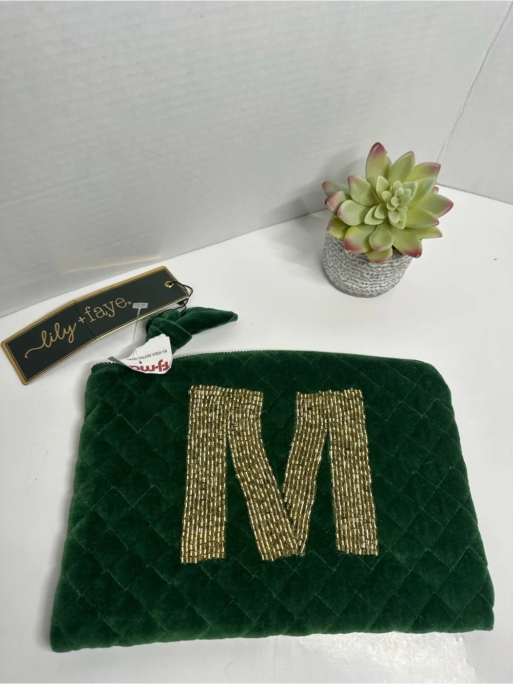 Lily Green Quilted Velvet Cosmetic Pouch with Gold Sequin M